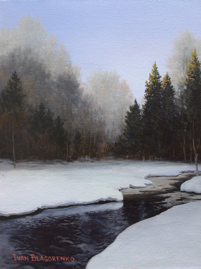 Winter landscape with stream running through