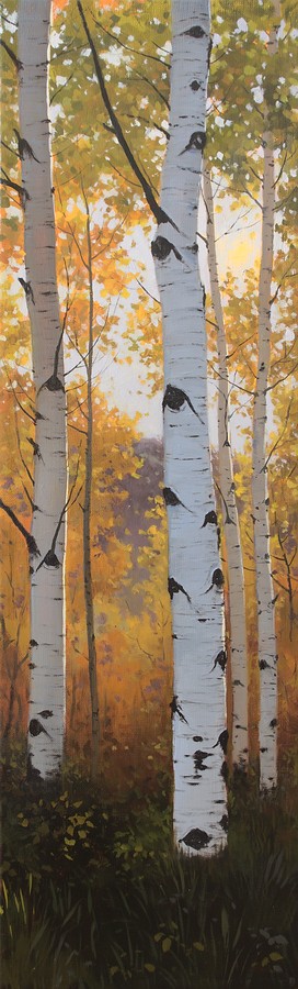 aspens with sun shining through background