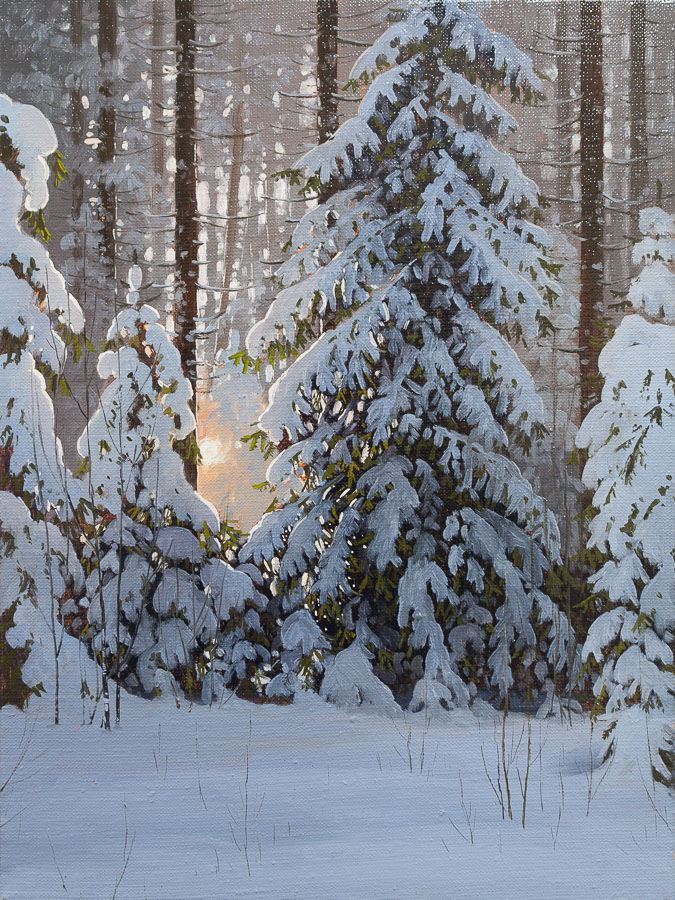 Winter landscape with low sun rays