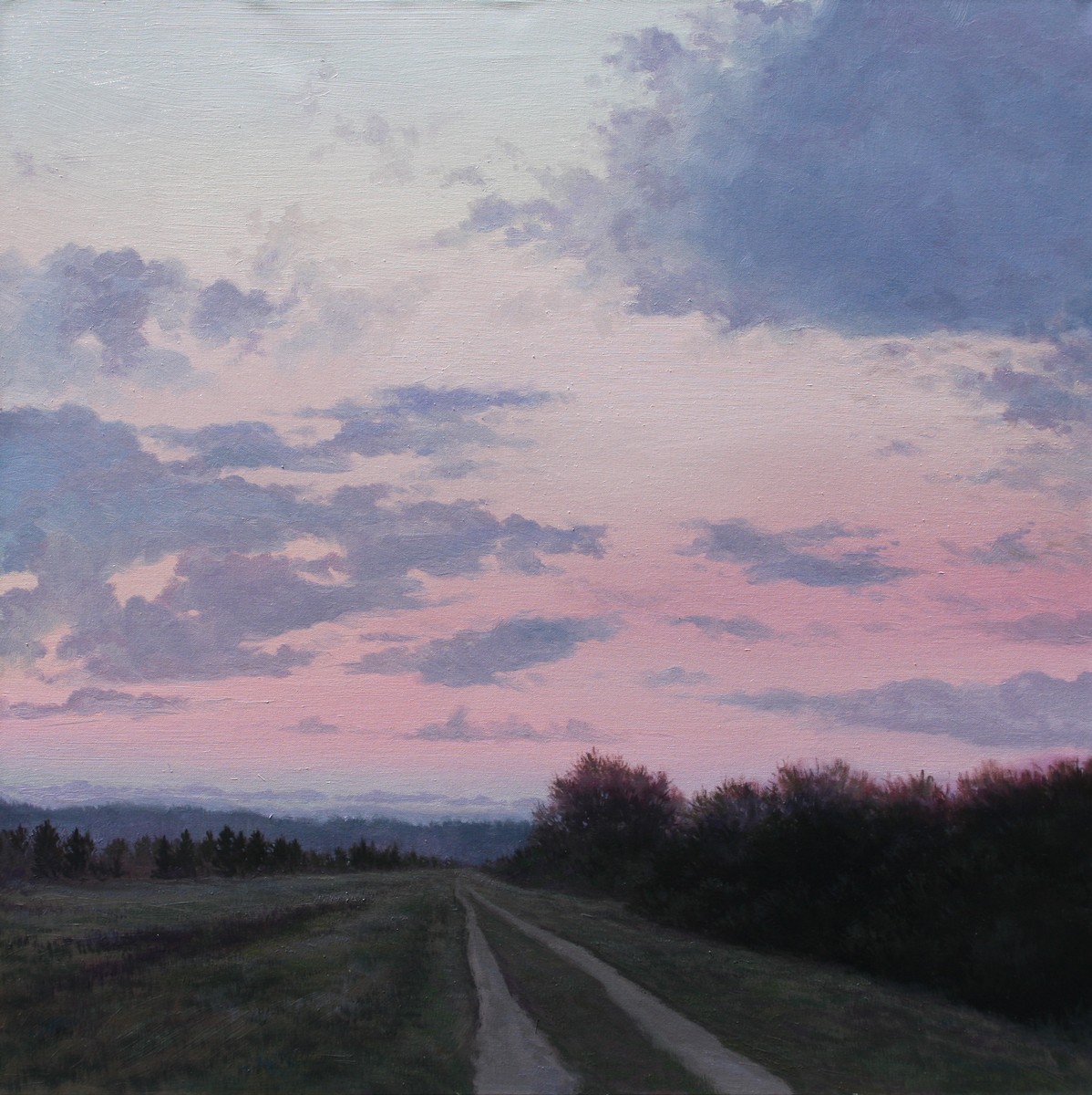 Oil painting of a quiet countryside road at sunset with a pastel sky and soft twilight colors.