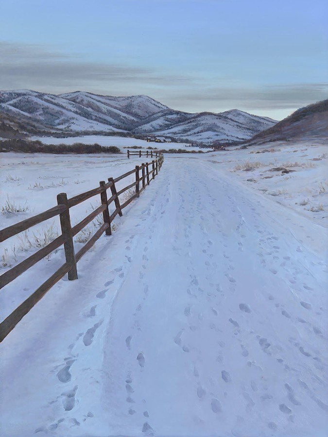 snowy road with fence