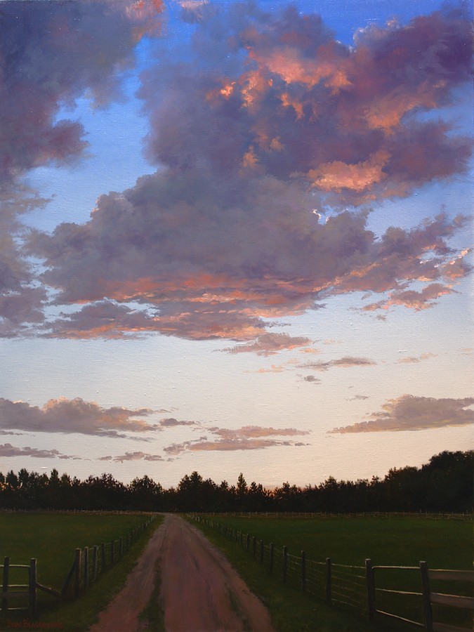 Farm road in the evening with sunset clouds