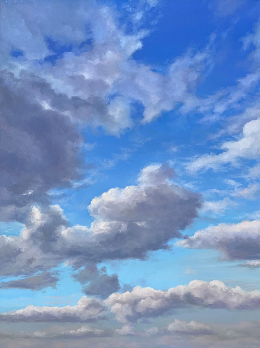 Painterly blue sky with layered white and gray clouds, softly lit, creating a calm and airy atmosphere